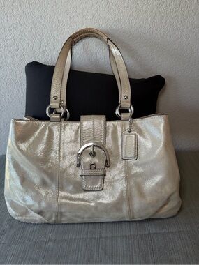 Coach Metallic Silver Leather Tote with Buckle Accent F18751